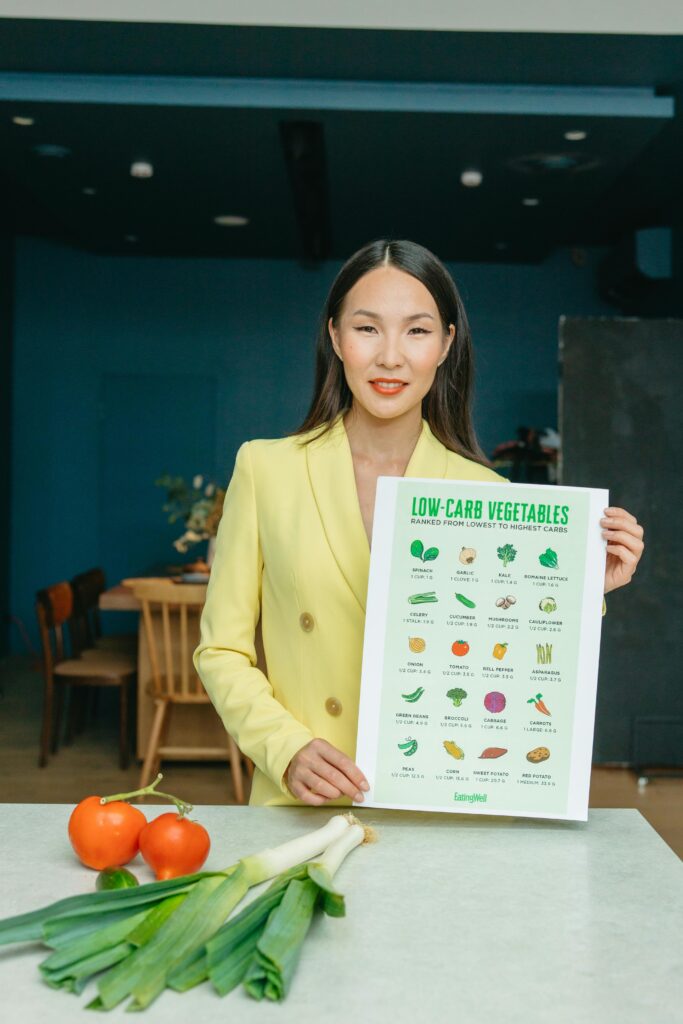pexels-photo-8844378-8844378 Asian nutritionist presents a low-carb vegetables chart for healthy living.